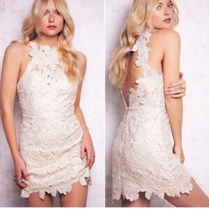 Saylor x Free People Jessa ivory cream lace mini dress w/ gold foil size medium